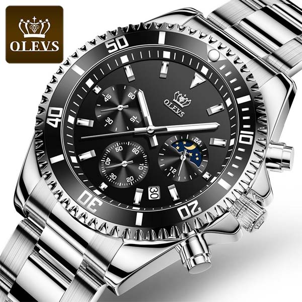 OLEVS 2870 Waterproof Stainless Steel Casual Watch Silver Black