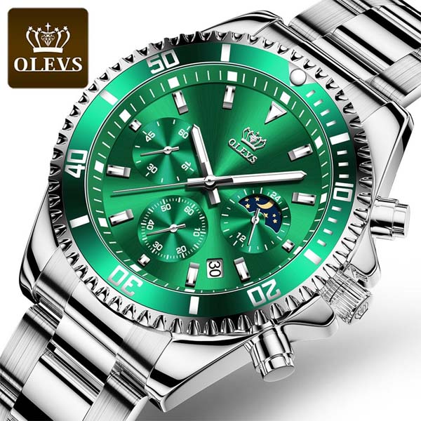 OLEVS 2870 Waterproof Stainless Steel Casual Watch Silver Green